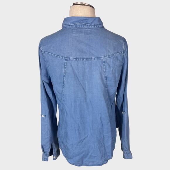 Thread & Supply L Womens Button Front Roll Table Sleeves Blue Chambray Shirt - Picture 5 of 8